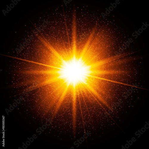 Yellow spark. Star burst with sparkles. Gold glitter particles, dust. Transparent glow light effect. Vector illustration on dark background