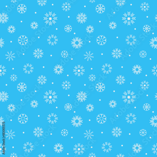Christmas seamless pattern with white snowflakes on light blue background. Vector