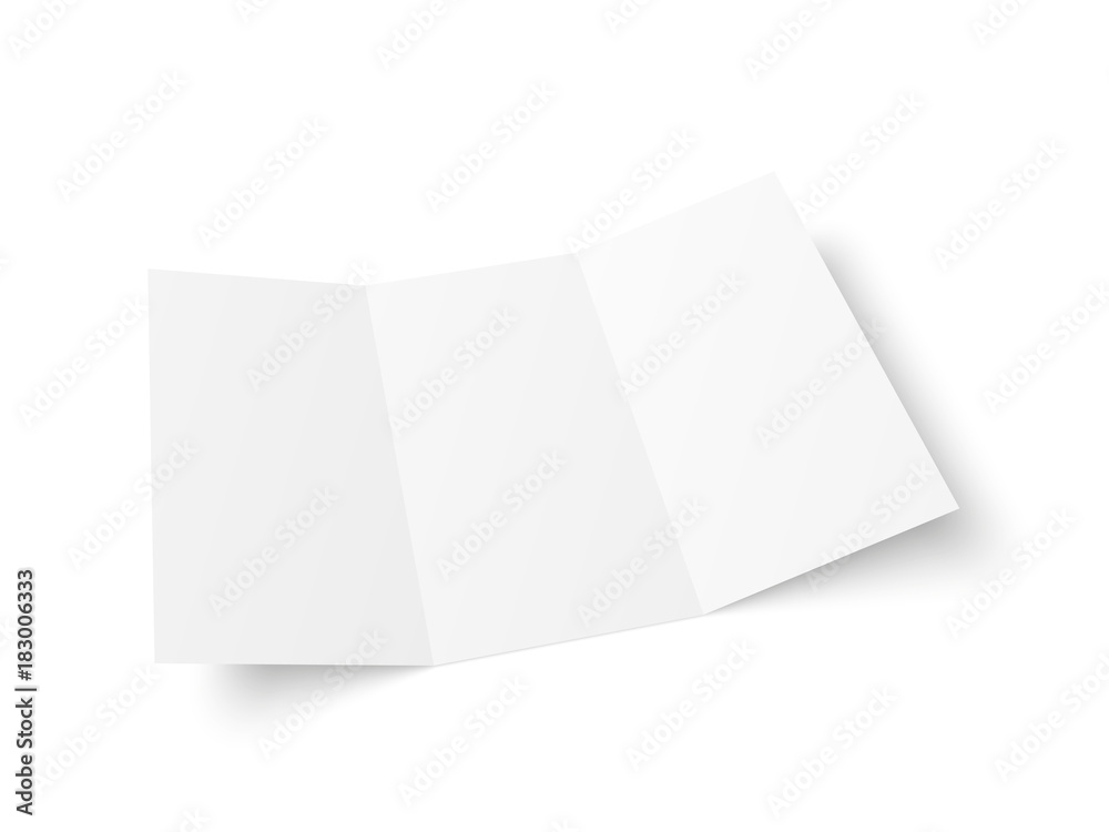 Vector blank white trifold booklet opened on white background. Perspective. Mock up of empty cover or flyer isolated. Soft shadows. Vector blank white trifold booklet opened on white background. Perspective. Mock up of empty cover or flyer isolated. Soft shadows.