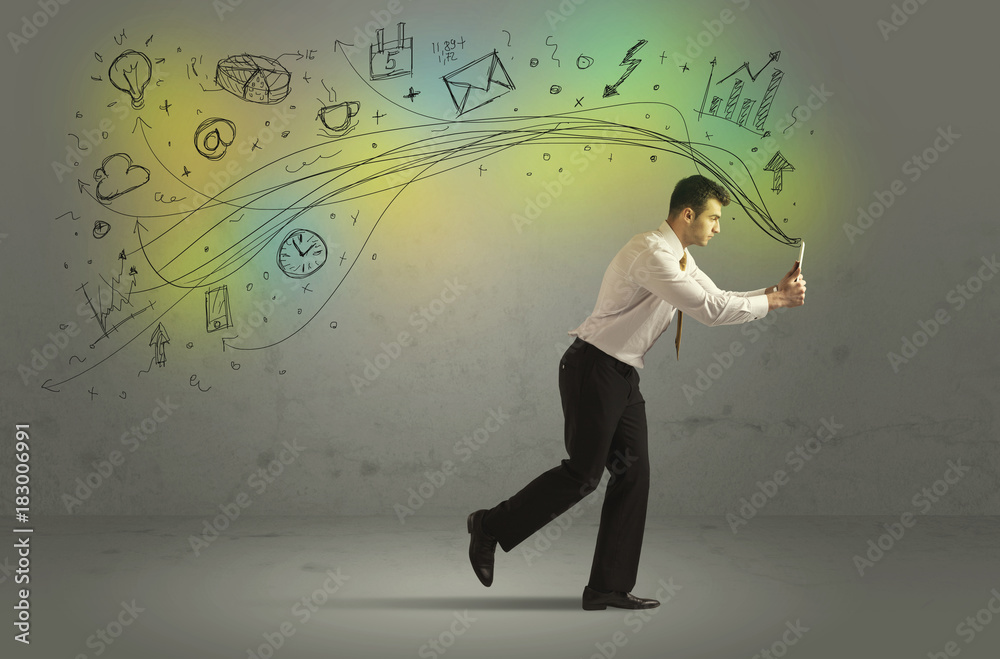 Business man in a rush with doodle media icons Business man in a rush with doodle media icons