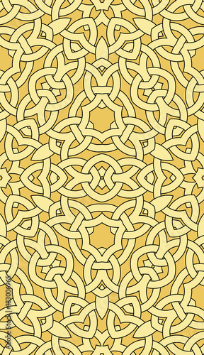 Fashionable seamless pattern with celtic knot ornament of beige, light brown, and black shades
