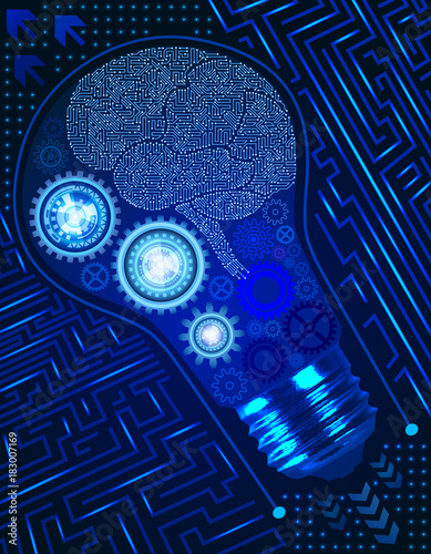Technological futuristic background with light bulb, gears and microchip of blue and white shades. Motherboard brain elements