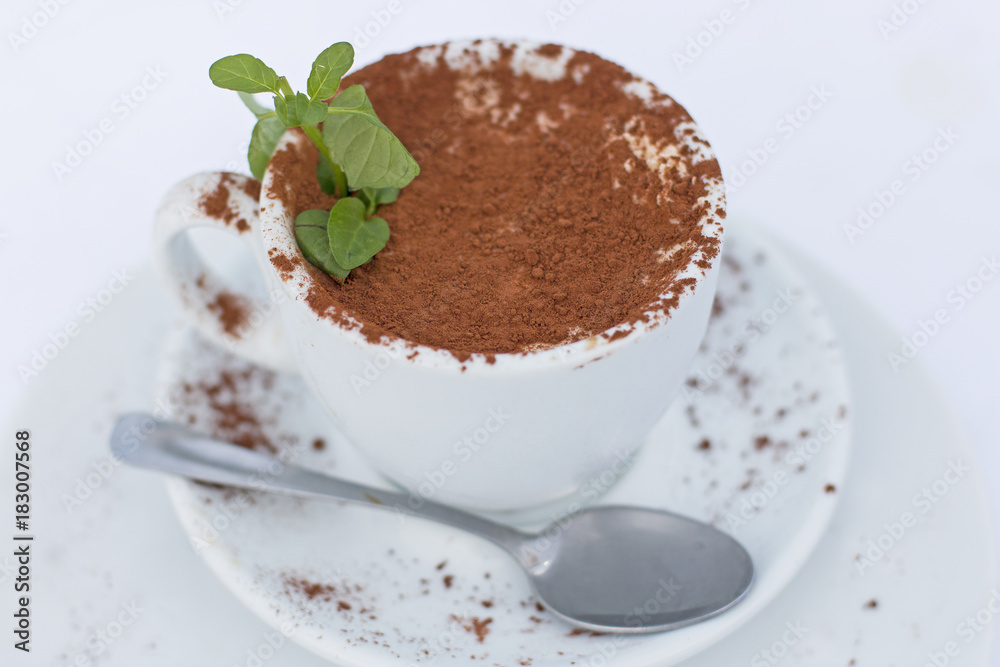 Tiramisu in a cappuccino cup with mint leaves. Tiramisu in a cappuccino cup with mint leaves.