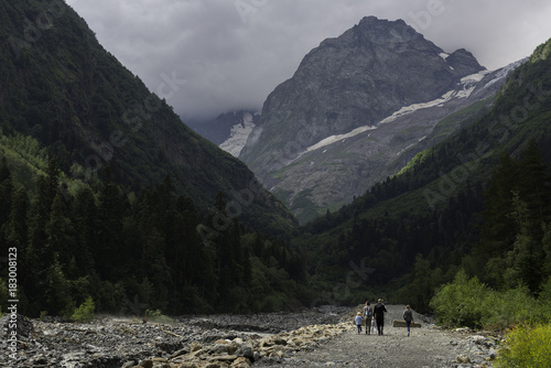 Walk near the mountain river. Caucasus.