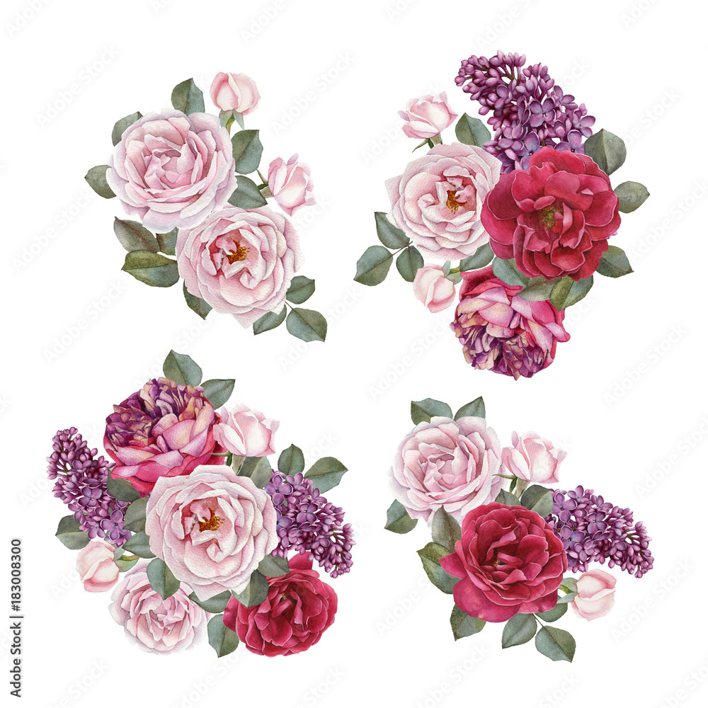 Φωτογραφία Bouquet of roses and lilac. Hand drawn watercolor flowers set
