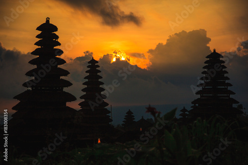 Main temple of Bali - Pura Besakih silhouette at sunset,