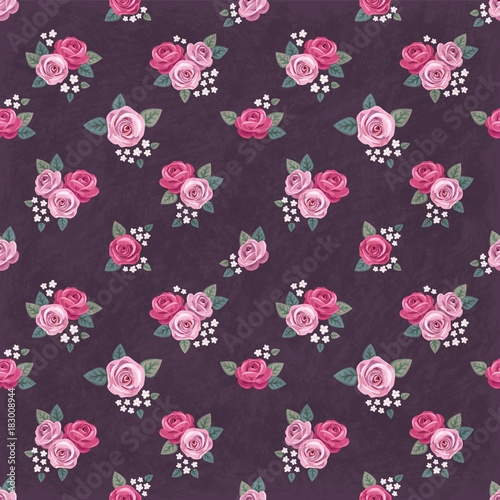 Seamless floral vintage romantic pattern with pink roses on dark shabby background. Retro wallpaper style. Shabby chic design. Perfect for scrapbooking, greeting cards etc