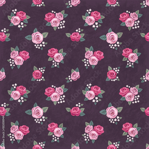 Seamless floral vintage romantic pattern with pink roses on dark shabby background. Retro wallpaper style. Shabby chic design. Perfect for scrapbooking, greeting cards etc