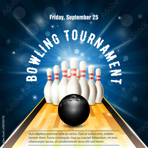 Bowling tournament flyer template with bowling court, skittles and ball
