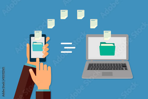 File sharing. Hand with a smartphone. Data transfer from a smartphone to a laptop. The document folder. Vector illustration.