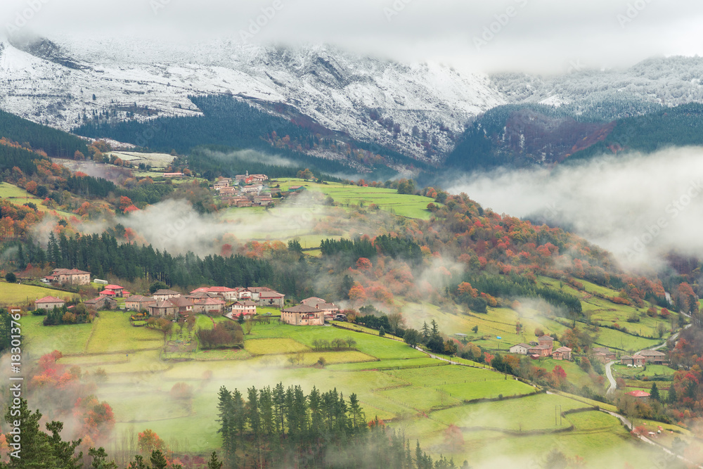 Ταπετσαρία countryside town of basque country on foggy day, Spain