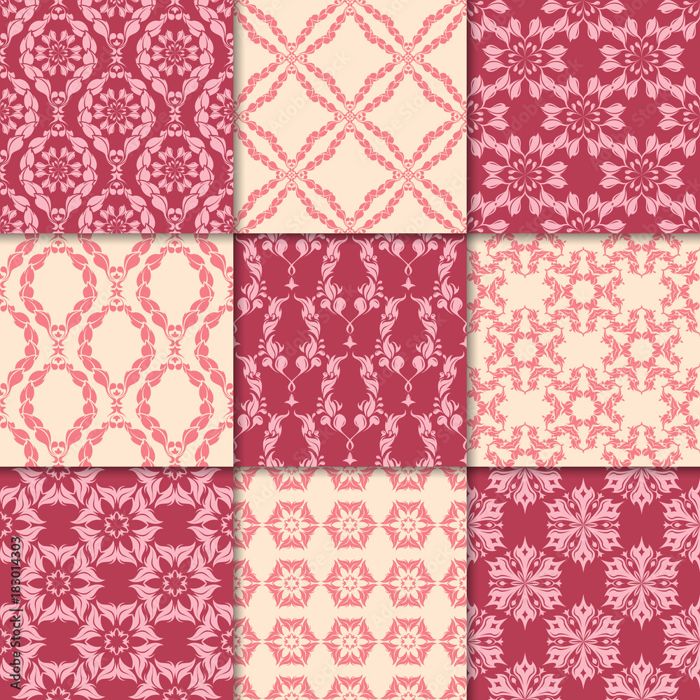 Cherry red and beige floral ornaments. Collection of seamless patterns Cherry red and beige floral ornaments. Collection of seamless patterns
