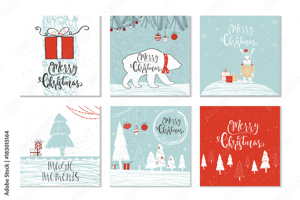 Set of 6 cute Christmas gift cards with quote Merry Christmas