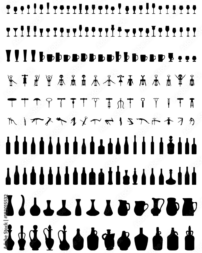 Silhouettes of bowls, bottles, glasses and corkscrew on a white background Silhouettes of bowls, bottles, glasses and corkscrew on a white background
