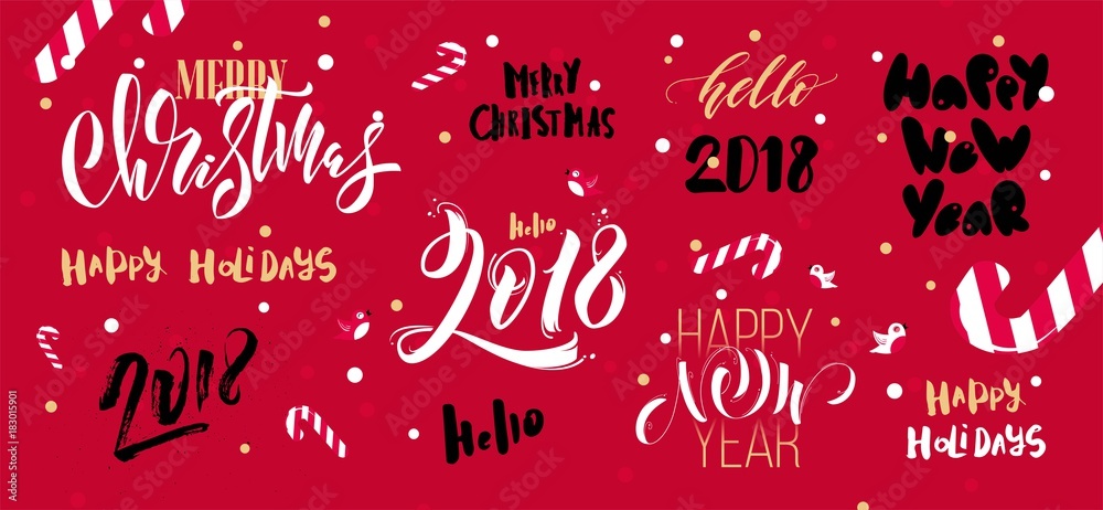 Merry Christmas and New Year Calligraphic and Lettering Design Set. Holiday Vector Illustration