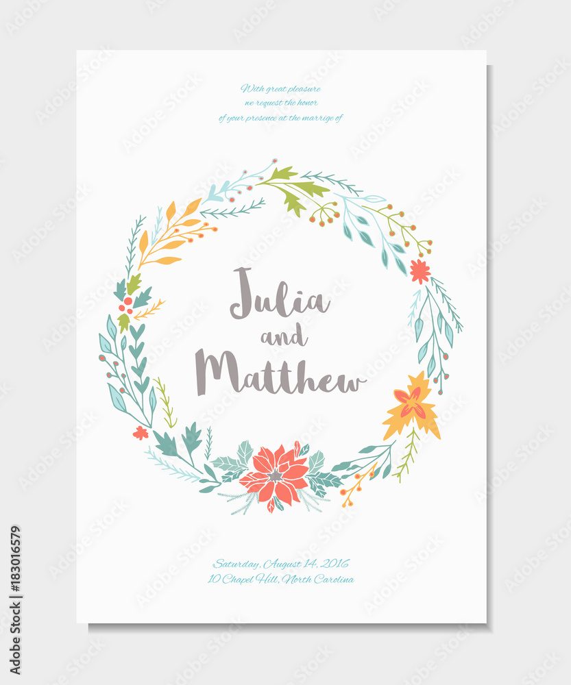 Wedding invitation with floral wreath, flowers. Vector template for birthday, baby shower, Wedding invitation with floral wreath, flowers. Vector template for birthday, baby shower,