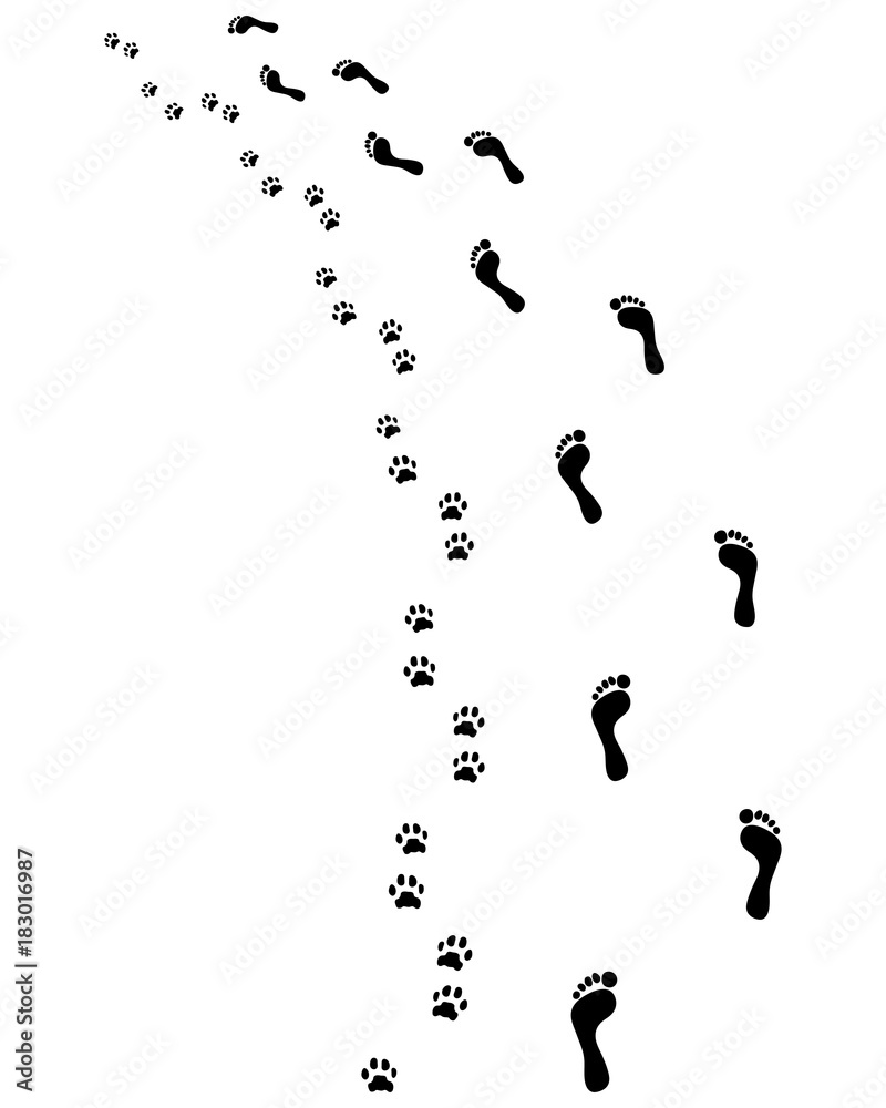Footprints of bare feet and paws dog, turn left