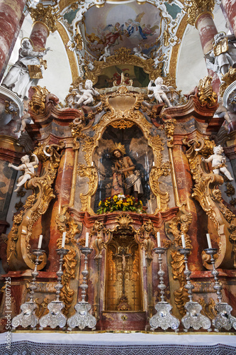 The interior of the Wieskirche church in the village of Vis in the Upper Bavaria, Germany