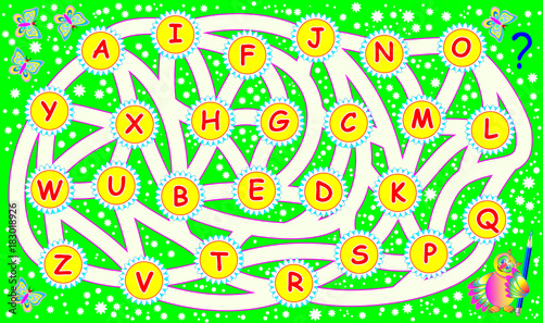 Logic puzzle game for study English alphabet. Find the way and join the letters in alphabetical order so the lines do not intersect. Vector image.