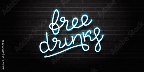 Vector realistic isolated neon sign of Free Drinks lettering for decoration and covering on the wall background.