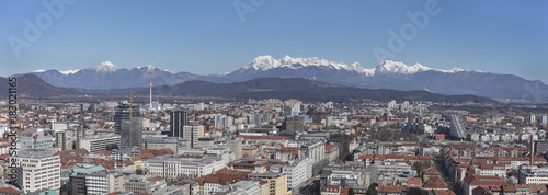 Panoramic view of Ljubljana with snovy Kamnik-Savinja Alps in background, Slovenia