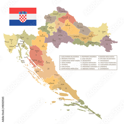 Fototapet Croatia - vintage map and flag - Detailed Vector Illustration