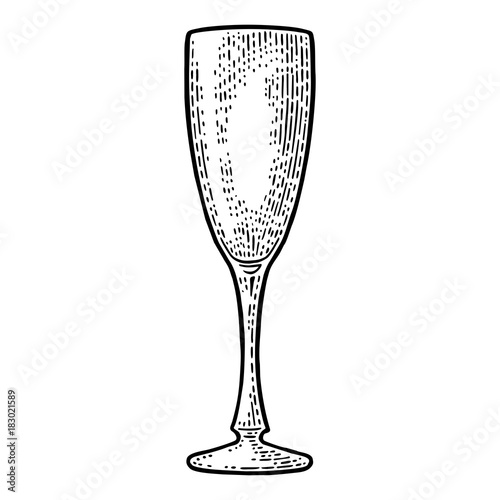 Empty glass champagne. Vector engraving black vintage