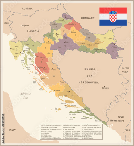 Fotografie, Tablou Croatia - vintage map and flag - Detailed Vector Illustration