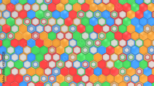 Abstract 3d background made of blue, red, green and orange hexagons on white background