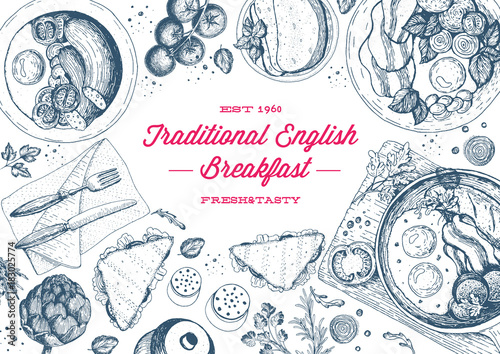 English breakfast top view frame. English food menu design. Vintage hand drawn sketch vector illustration