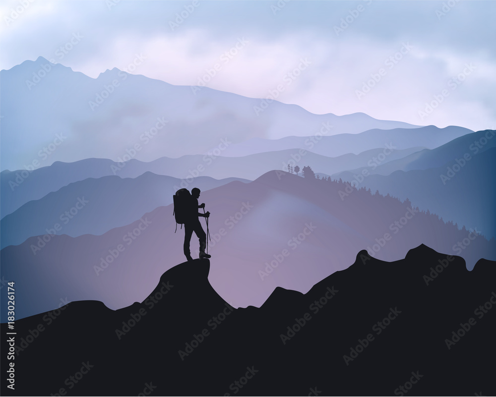 Trekking in the mountains. Sunrise landscape - obrazy, fototapety, plakaty 