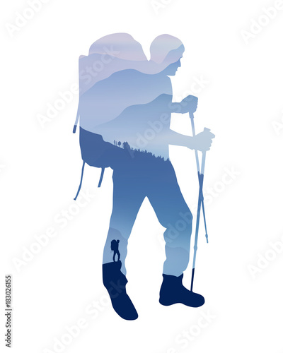 Mountain landscape in silhouette of trekking traveler