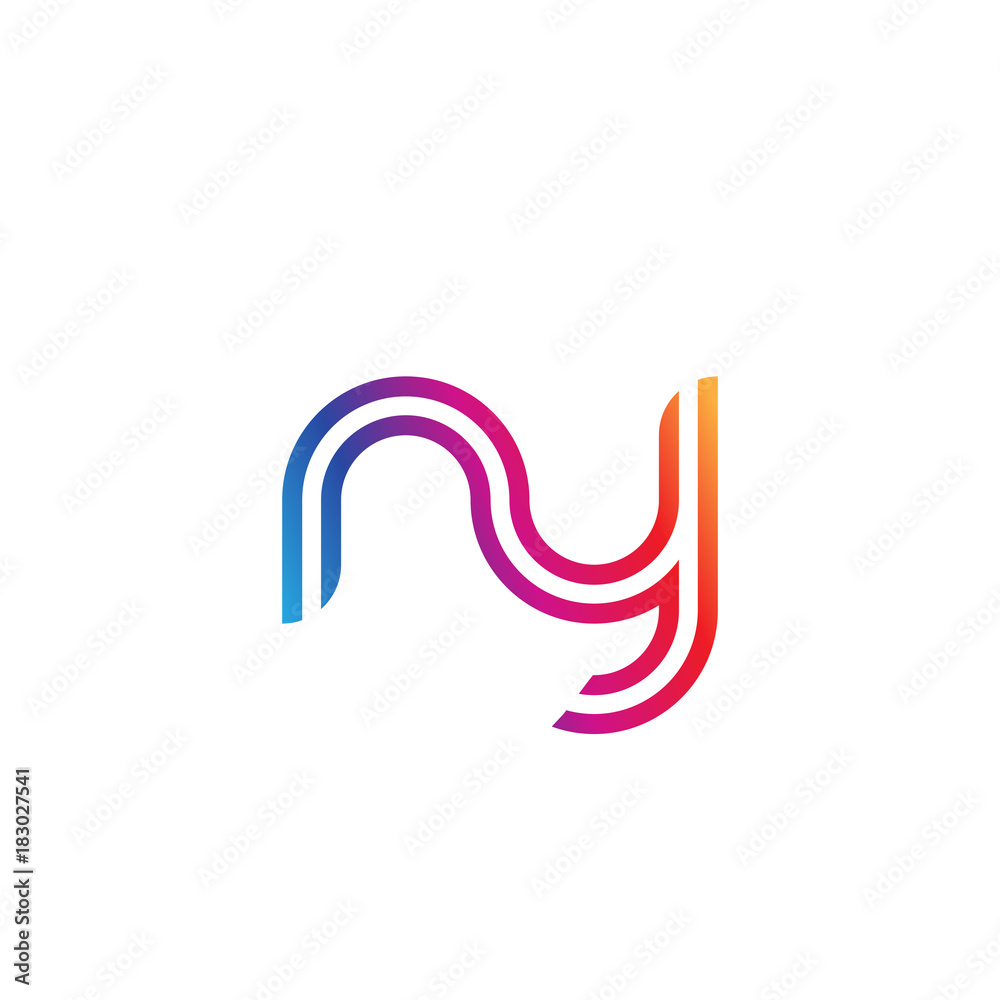 Initial lowercase letter ny, linked outline rounded logo, colorful vibrant gradient color
