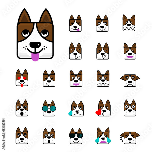 Big set of brown dog flat vector cartoon emoticon faces Character of a Dog