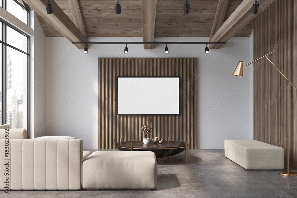 Fototapeta premium White and wooden living room, white sofa poster
