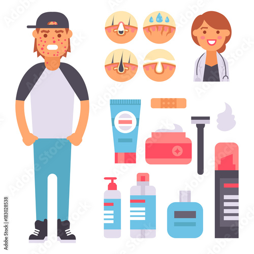 Facial care skin problems vector clean humancosmetic pimple dermatology instability facial skinny care teenager defects elements illustration. © Vectorvstocker