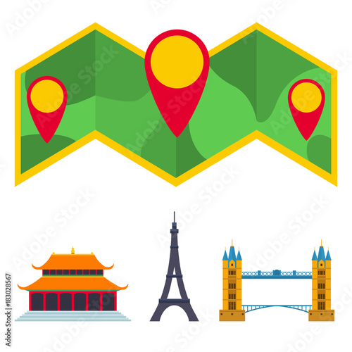 Travel vector icons flat tourism vacation place tourist attractions travelers illustration.