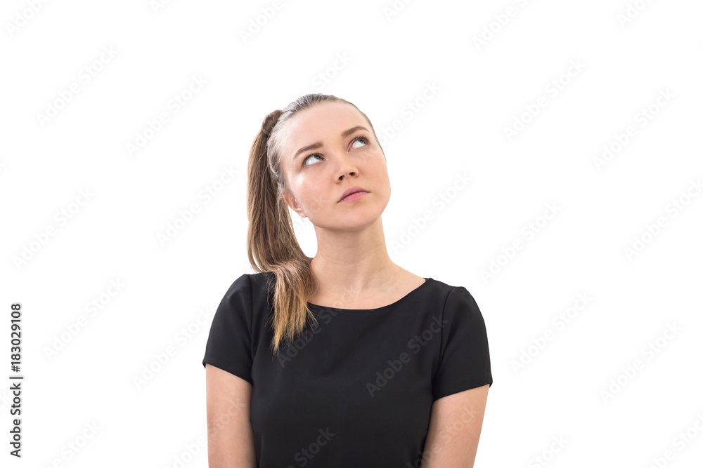 Pensive woman with ponytail, isolated Pensive woman with ponytail, isolated