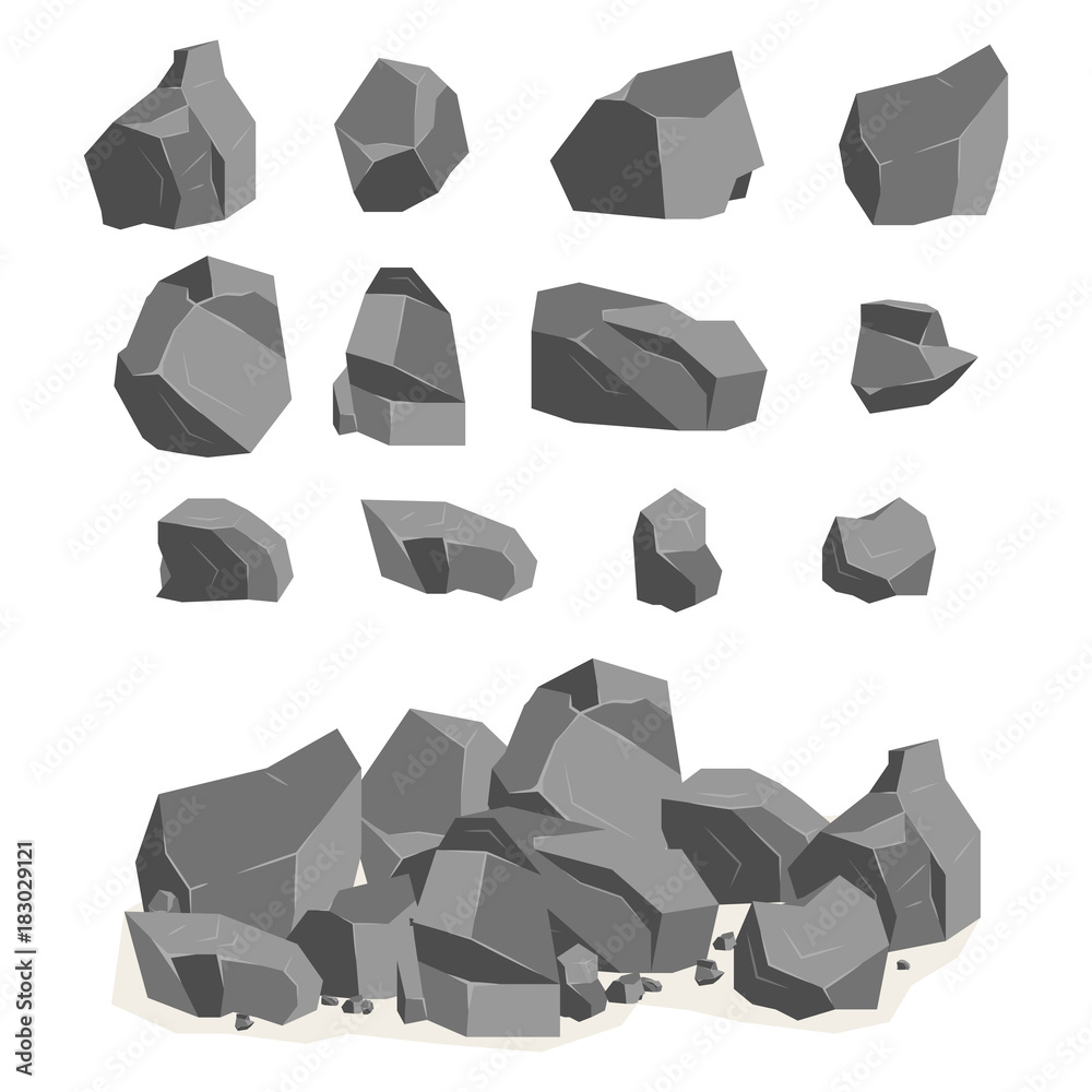 A set of cartoon stones and rocks in an isometric 3d style. A set of ...