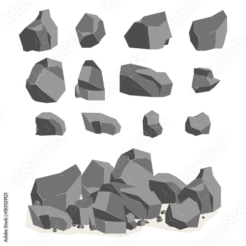 A set of cartoon stones and rocks in an isometric 3d style. A set of various boulders.  Video Game - stock vector photo