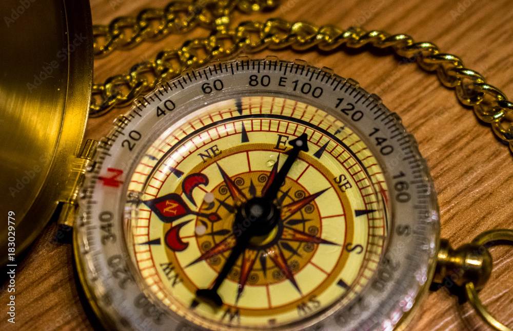 Brass compass showing east
