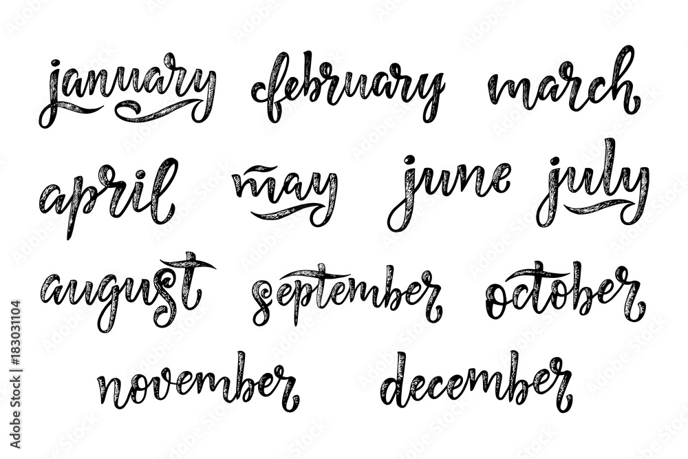 Handwritten names of months December, January, February, March, April, May, June, July, August, September, October, November. Calligraphy words for calendars and organizers.