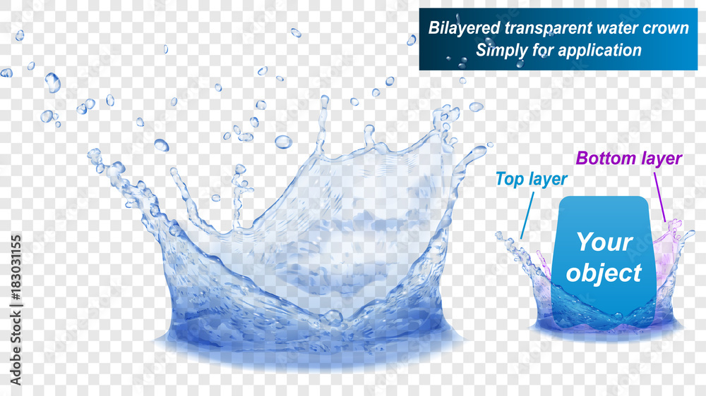 Translucent water splash crown consist of two layers: top and bottom. In blue colors, isolated on transparent background. Transparency only in vector file - obrazy, fototapety, plakaty 