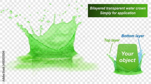 Translucent water splash crown with reflection consist of two layers: top and bottom. In green colors, isolated on transparent background. Transparency only in vector file
