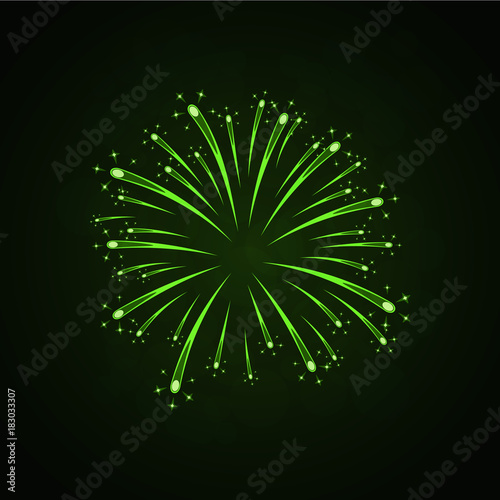 Beautiful green firework. Bright firework isolated on black background. Light green decoration firework for Christmas, New Year celebration, holiday, festival, birthday card Vector illustration
