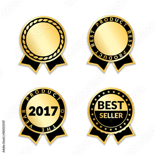 Ribbon awards best seller set. Gold ribbon award icons isolated white background. Bestseller golden tags sale label, badge, medal, guarantee quality product, certificate. Vector illustration