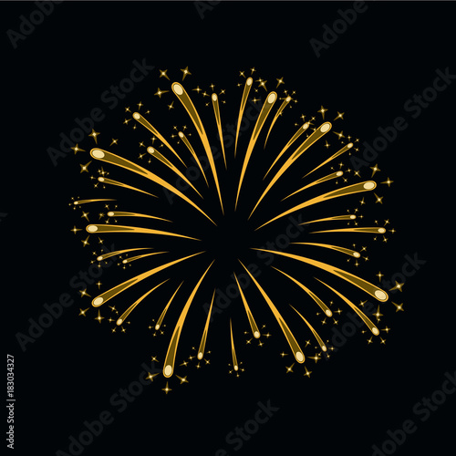 Beautiful gold firework. Bright firework isolated on black background. Light golden decoration firework for Christmas, New Year celebration, holiday, festival, birthday card Vector illustration