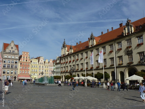 Architecture medieval facades Market Square, one of the largest medieval squares in Europe. Wroclaw, Poland. EU.