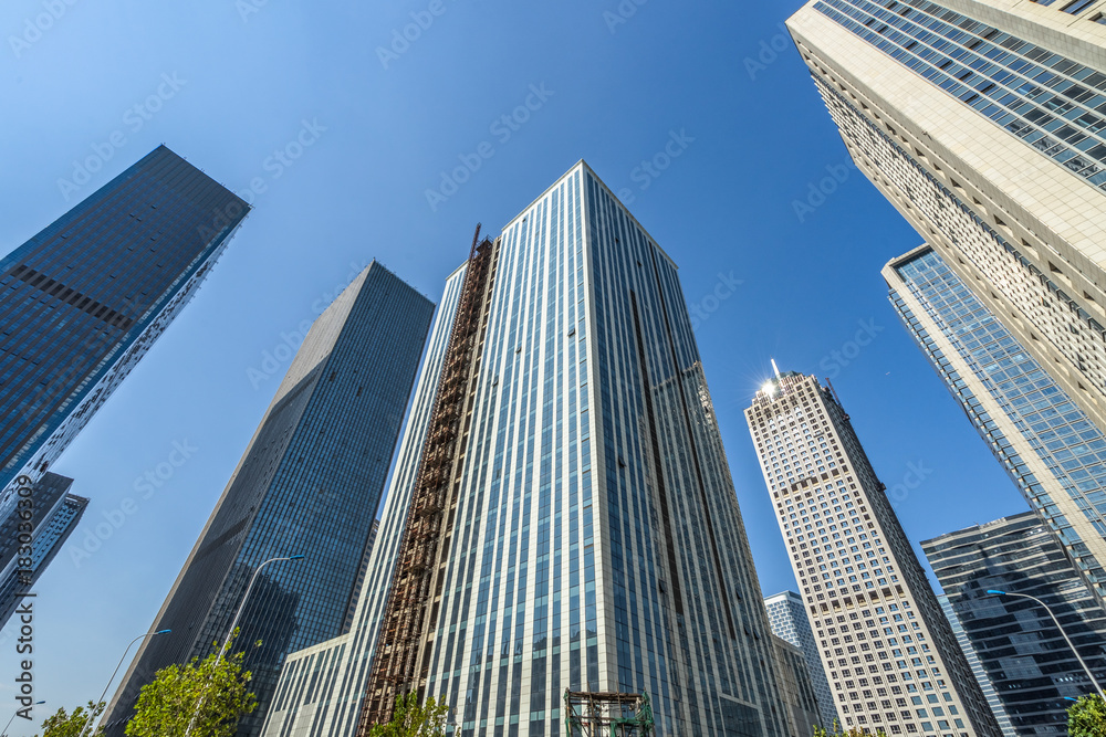 low angle view of modern skyscrapers in business district