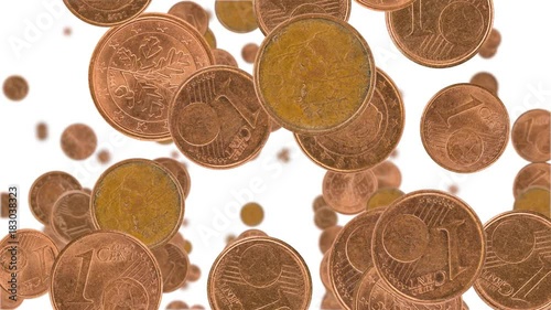 1 Euro Cent coins falling down on white background (vertical, seamless loopable) with alpha mask in black and white from 0:30 in 4K UHD footage